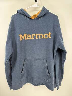Marmot Men's Blue Pullover Logo Hoodie XL Heathered Navy with Yellow Lining